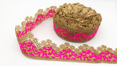 Gold Sheer Tissue Fabric Cutwork Trim with Embroidery in Gold and Fuchsia Pink, Scallop Trim, Fringe Trim